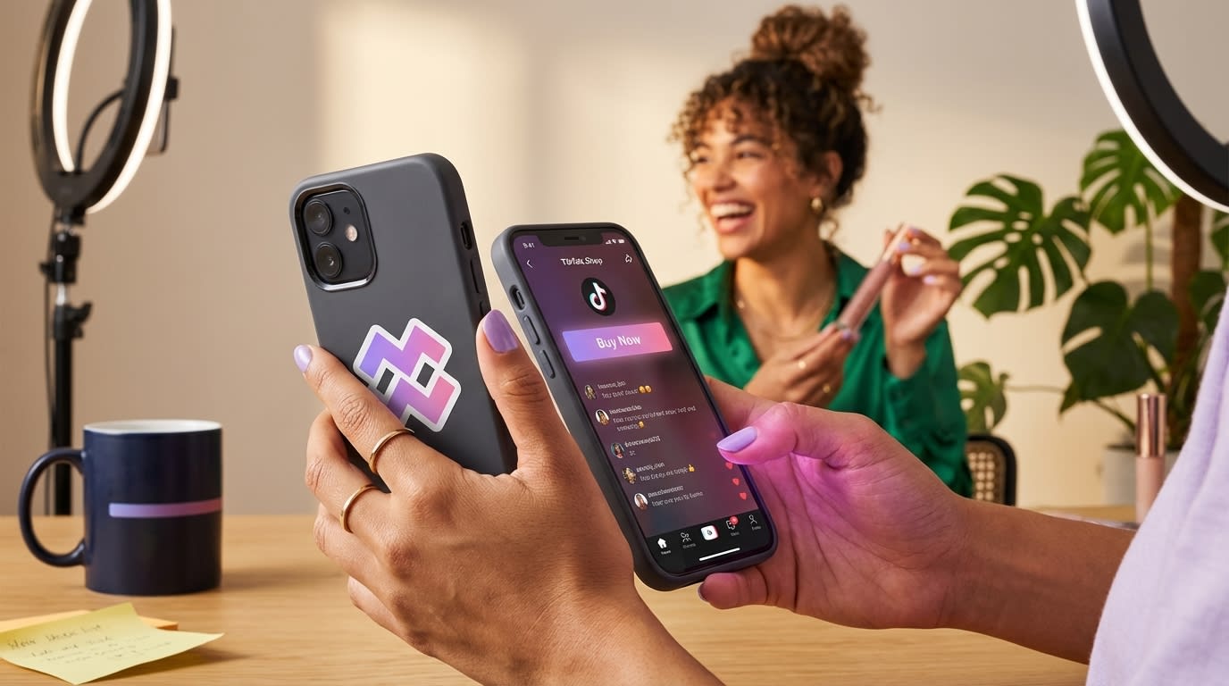 Smartphone displaying a TikTok Shop product page with 'Add to Cart' and positive customer comments.