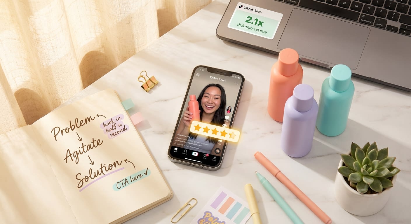 Flat lay of TikTok Shop viral content creation tools including phone with product reviews and PAS formula script
