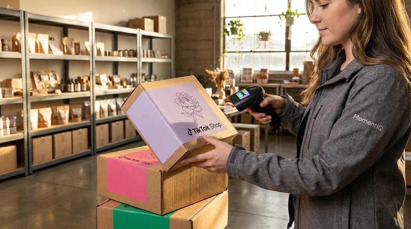 Aspirational shot of a modern fulfillment center with branded TikTok Shop shipping boxes.