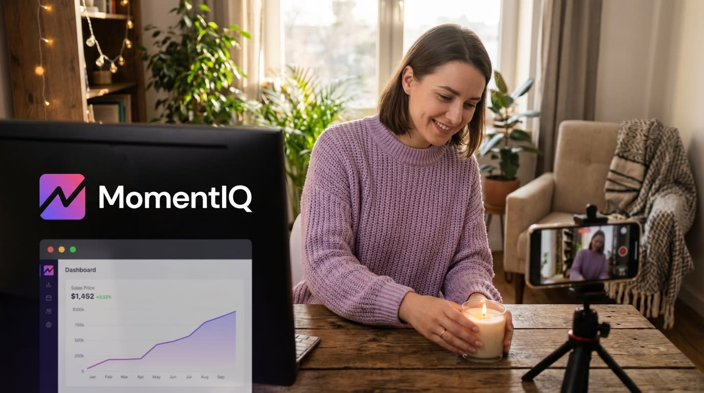 Cozy creator studio setup for TikTok Shop, featuring a hand-poured candle, phone on tripod, and live inventory display.