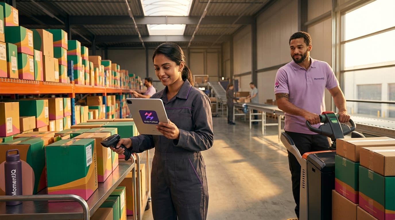 Aspirational shot of a modern fulfillment center with branded TikTok Shop shipping boxes.