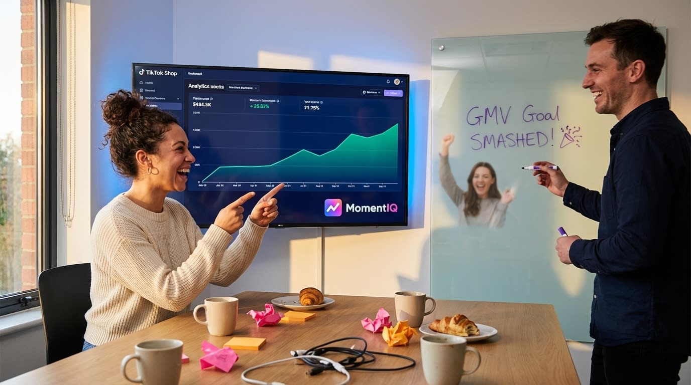 Brand team celebrating smashed GMV goals in a TikTok Shop war room with analytics screen and whiteboard.
