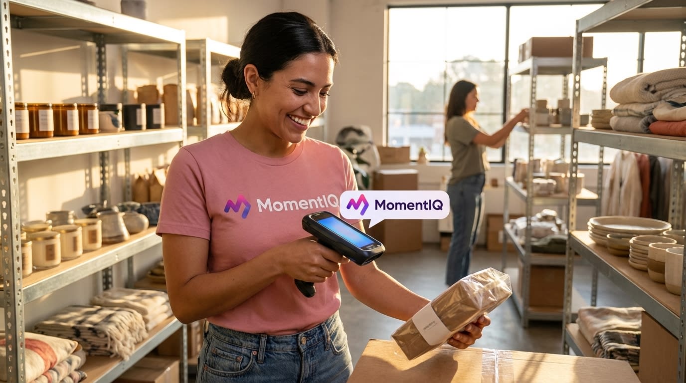 Bustling warehouse scene with colorful handmade artisan goods, worker scanning products for TikTok Shop orders, showcasing organized inventory.