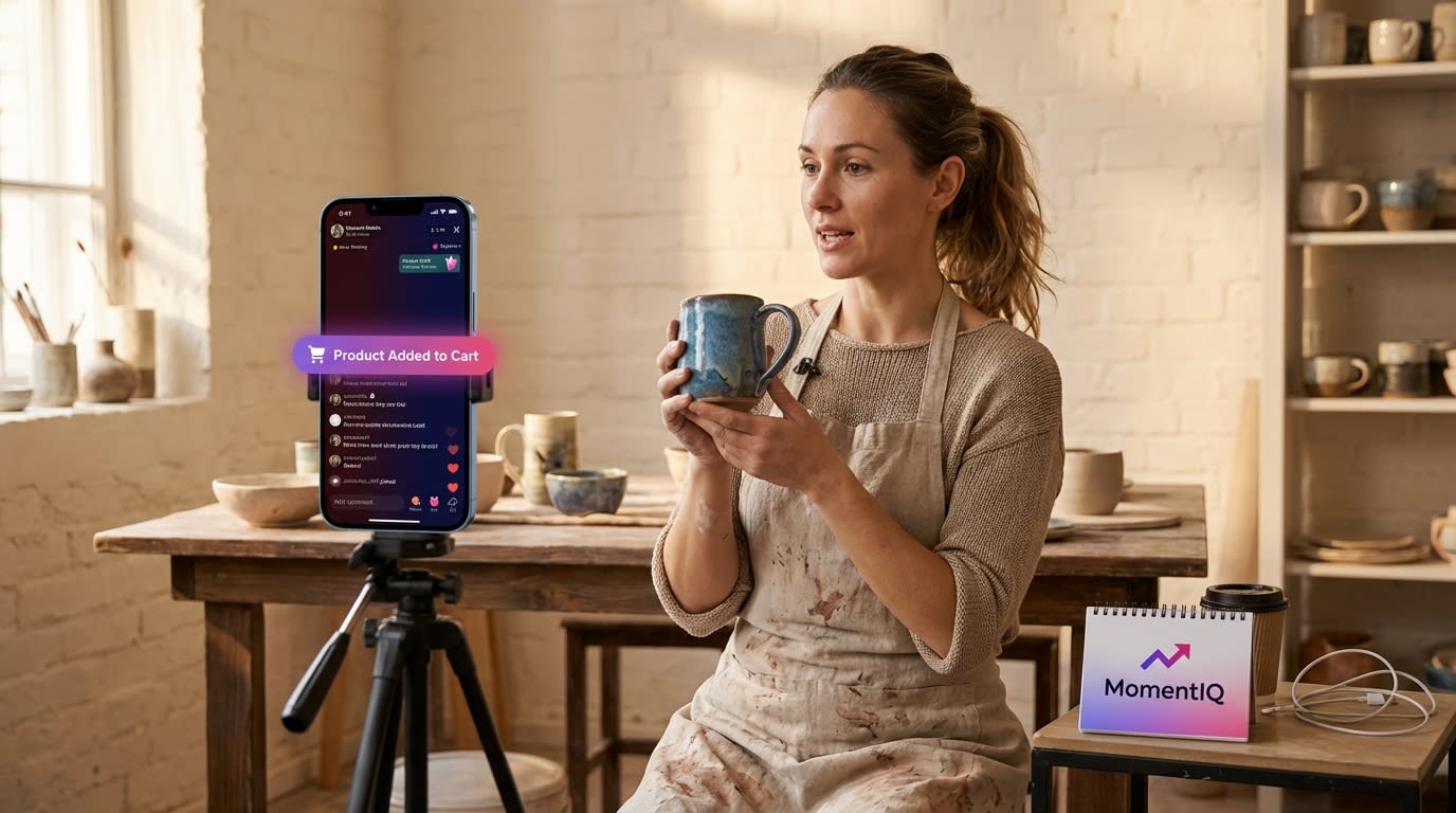 Creator confidently hosting TikTok Shop live stream selling handmade ceramics with active chat and rising sales ticker