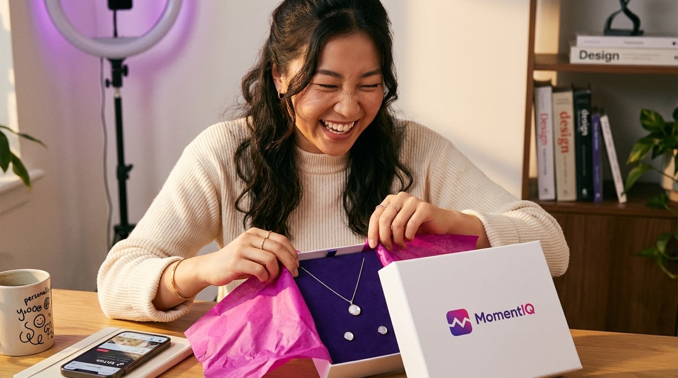 Creator joyfully unboxing a branded product seeding package with handmade jewelry for TikTok Shop content.