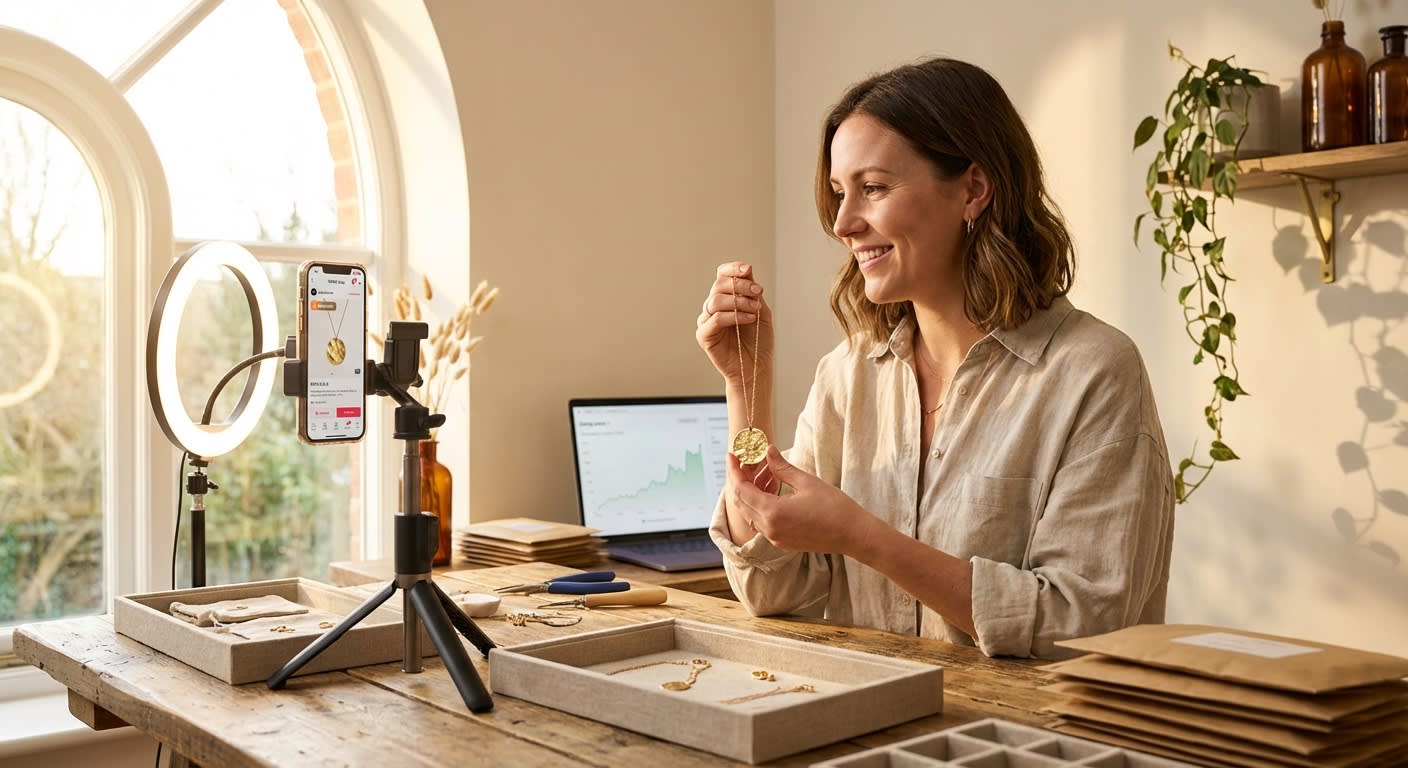 Handmade jewelry designer filming TikTok Shop product video in bright artisan studio with ring light and trending sales dashboard