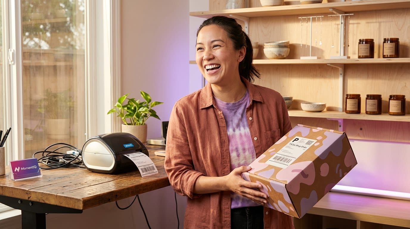 Small business owner laughing joyfully while holding a branded TikTok Shop shipping box, surrounded by organized inventory.