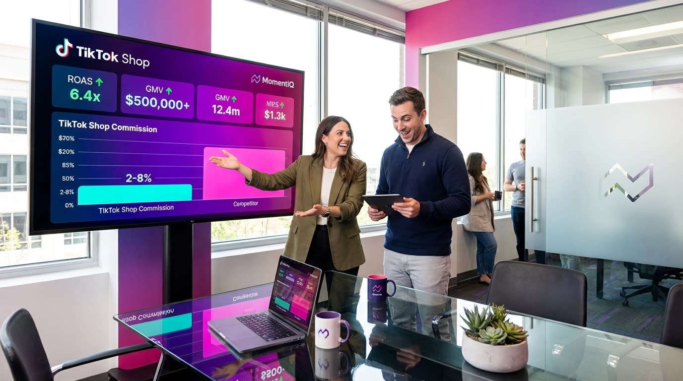 Agency strategists reviewing TikTok Shop performance dashboard with ROAS and GMV metrics showing upward growth trends