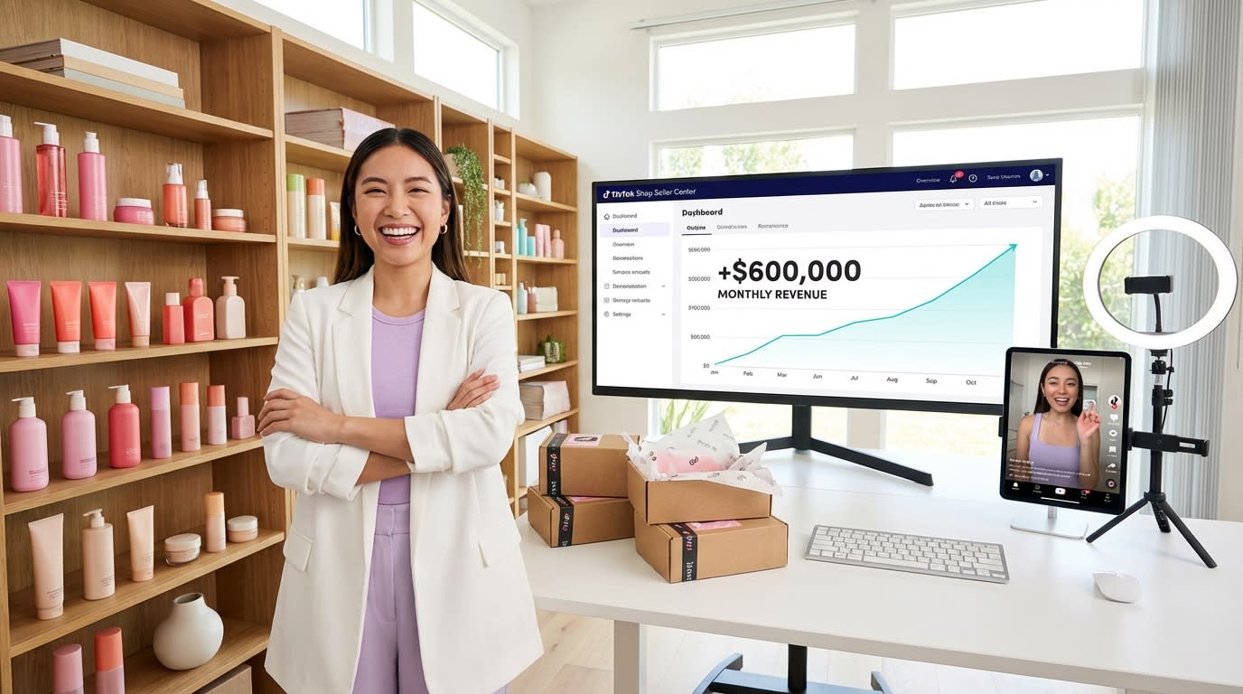 Confident TikTok Shop entrepreneur standing proudly before revenue dashboard showing six-figure monthly sales