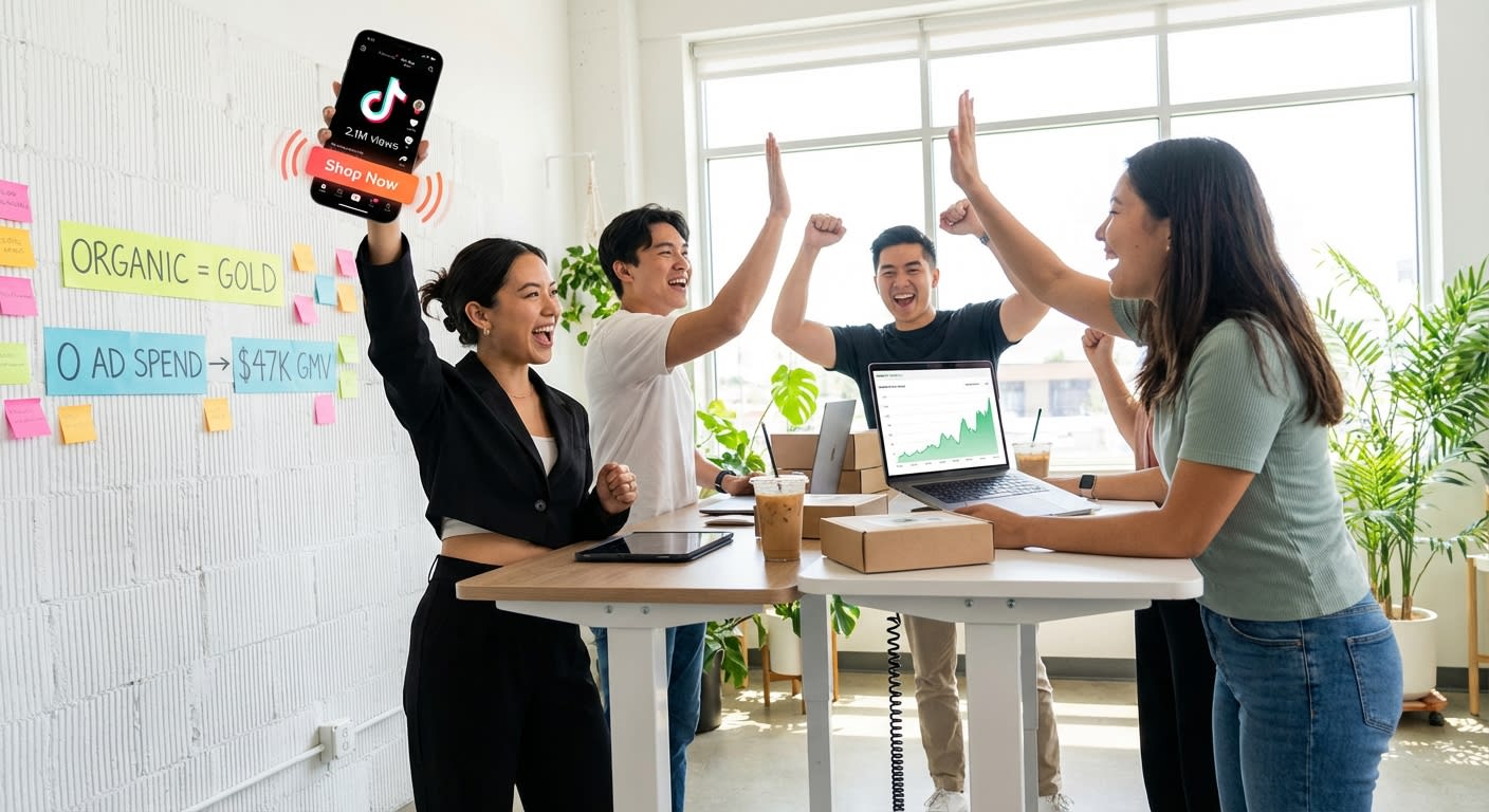 Ecommerce team celebrating viral TikTok Shop organic reach results with analytics showing massive free traffic growth