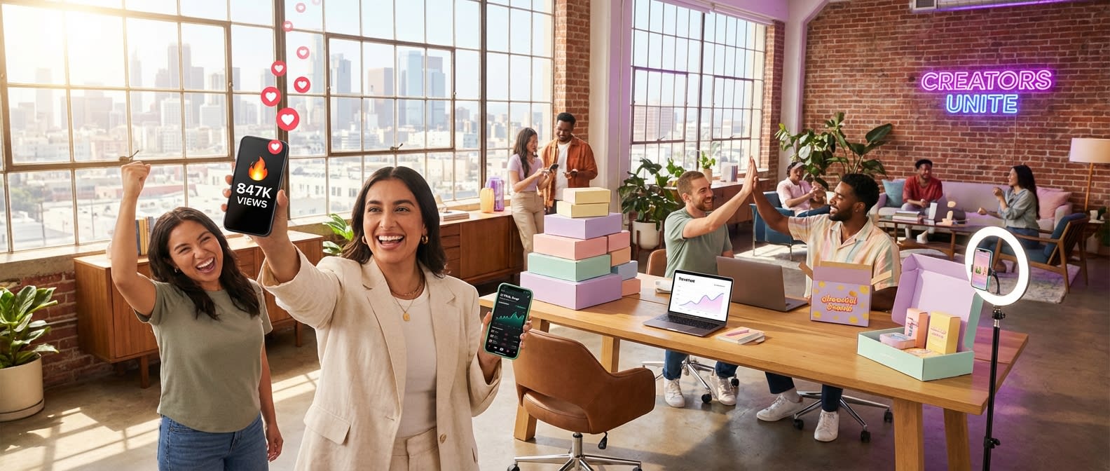 Entrepreneurs in bright co-working space building TikTok Shop businesses with viral product video on phone screen