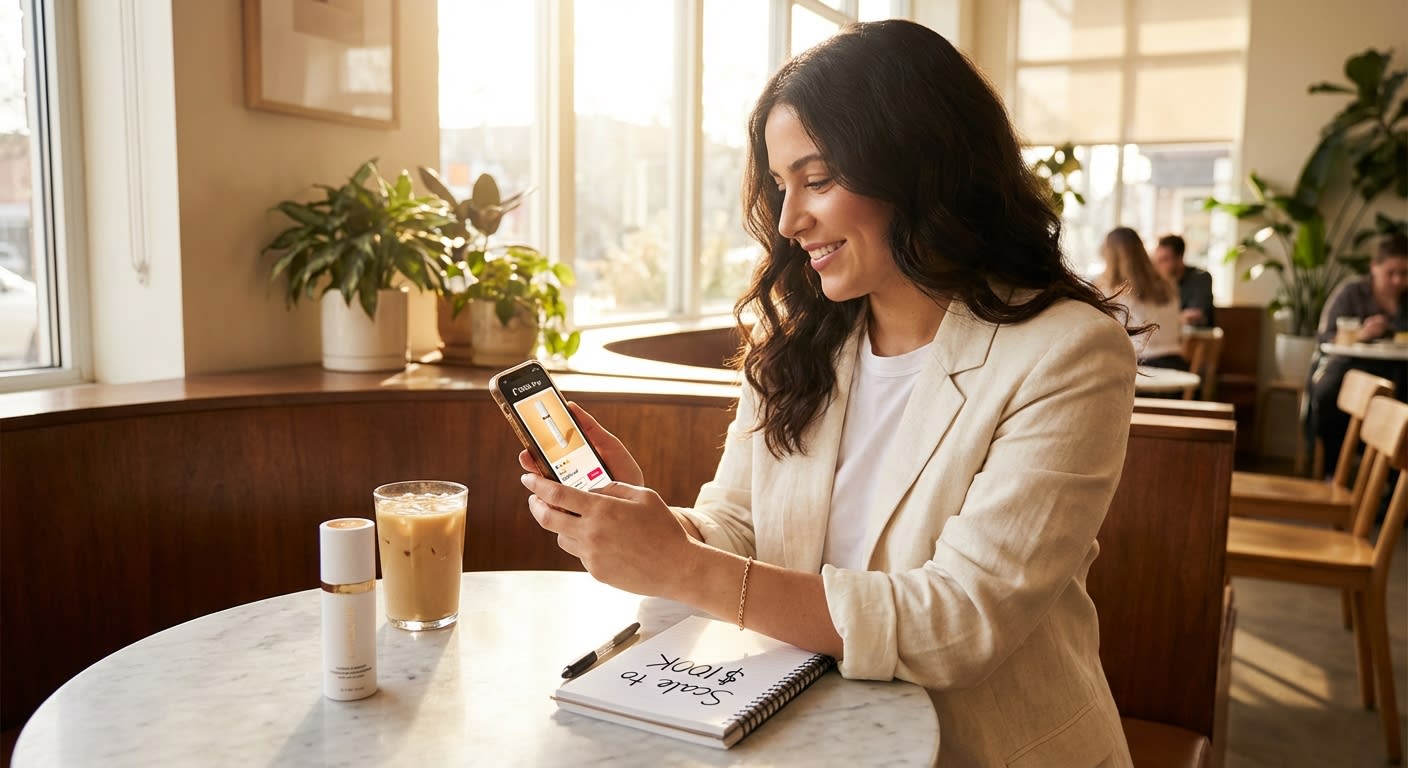 Female founder reviewing TikTok Shop product listing with 4.9-star rating and 12000 sold badge in sunlit café