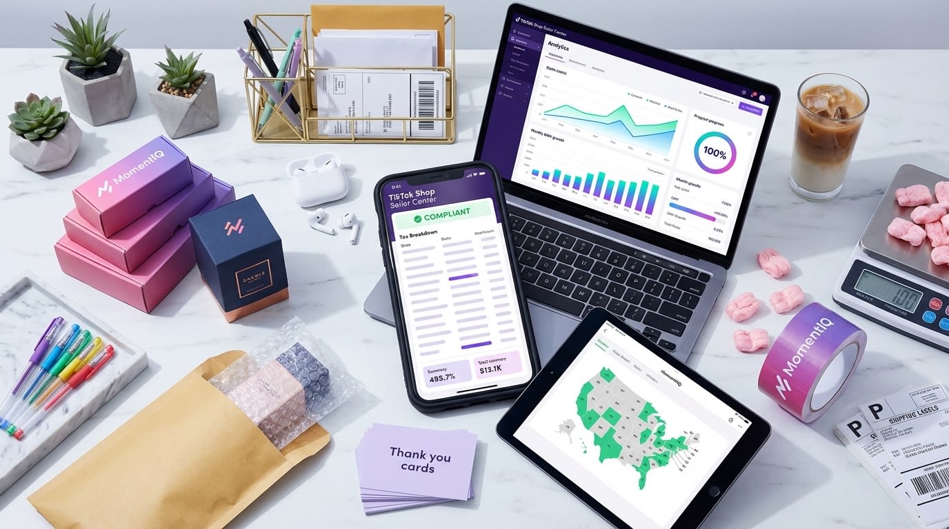 Flat lay of TikTok Shop seller dashboard showing low commission rates alongside branded products and shipping boxes