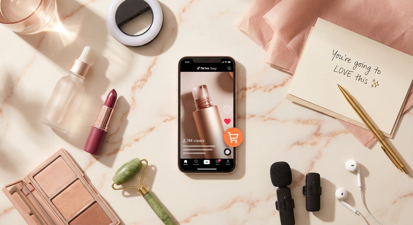 Flat lay of TikTok Shop viral product video with 2.3 million views surrounded by beauty products and creator equipment