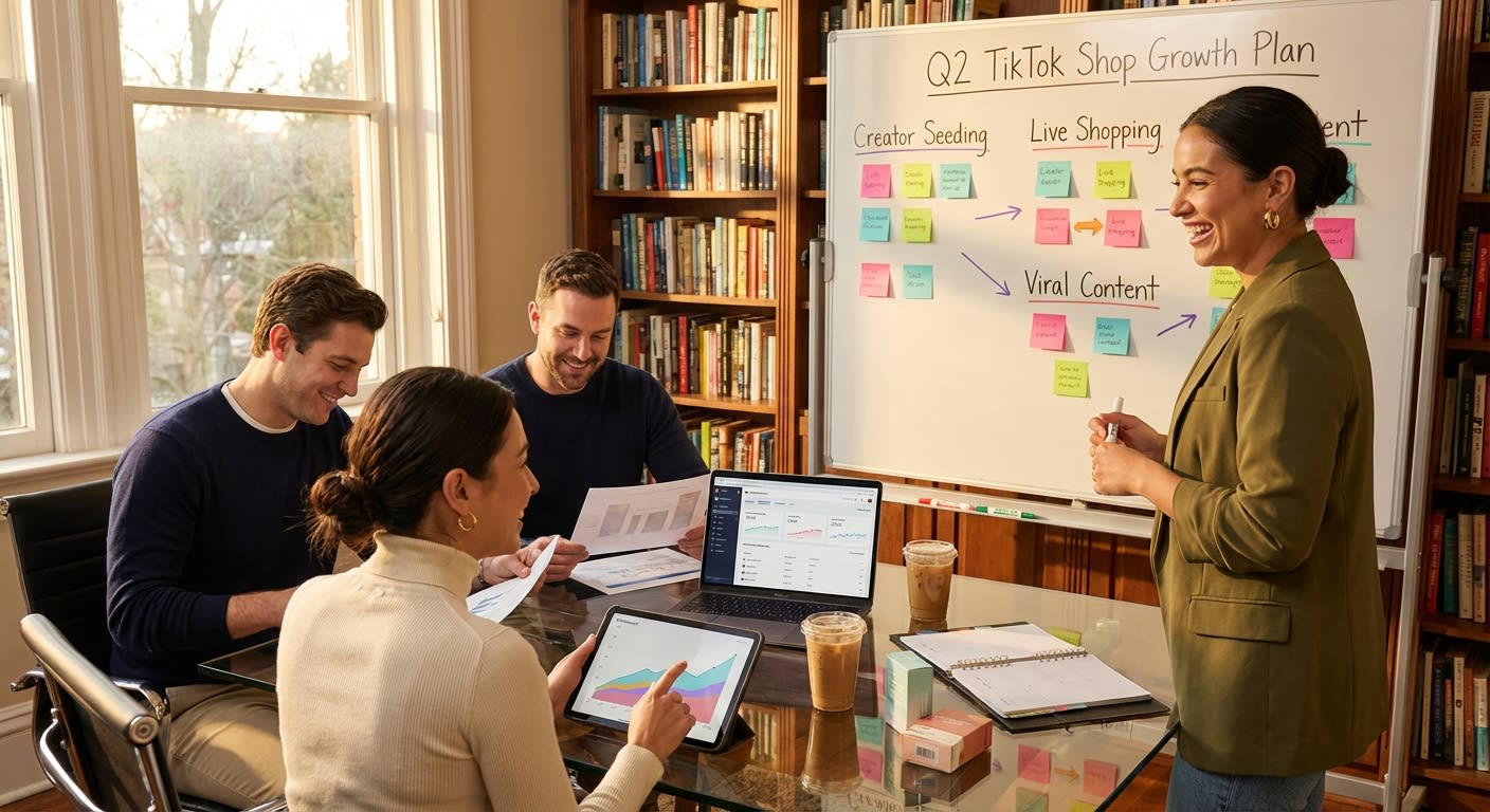 Marketing team planning TikTok Shop growth strategy in war room with analytics dashboards and content calendar whiteboard