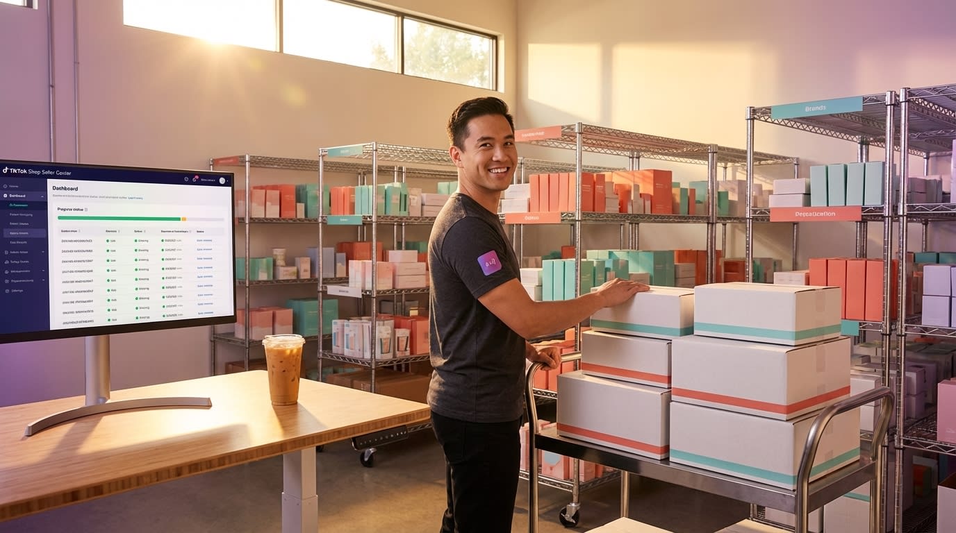 Scaled TikTok Shop warehouse operation with organized inventory branded shipping boxes and order management dashboard