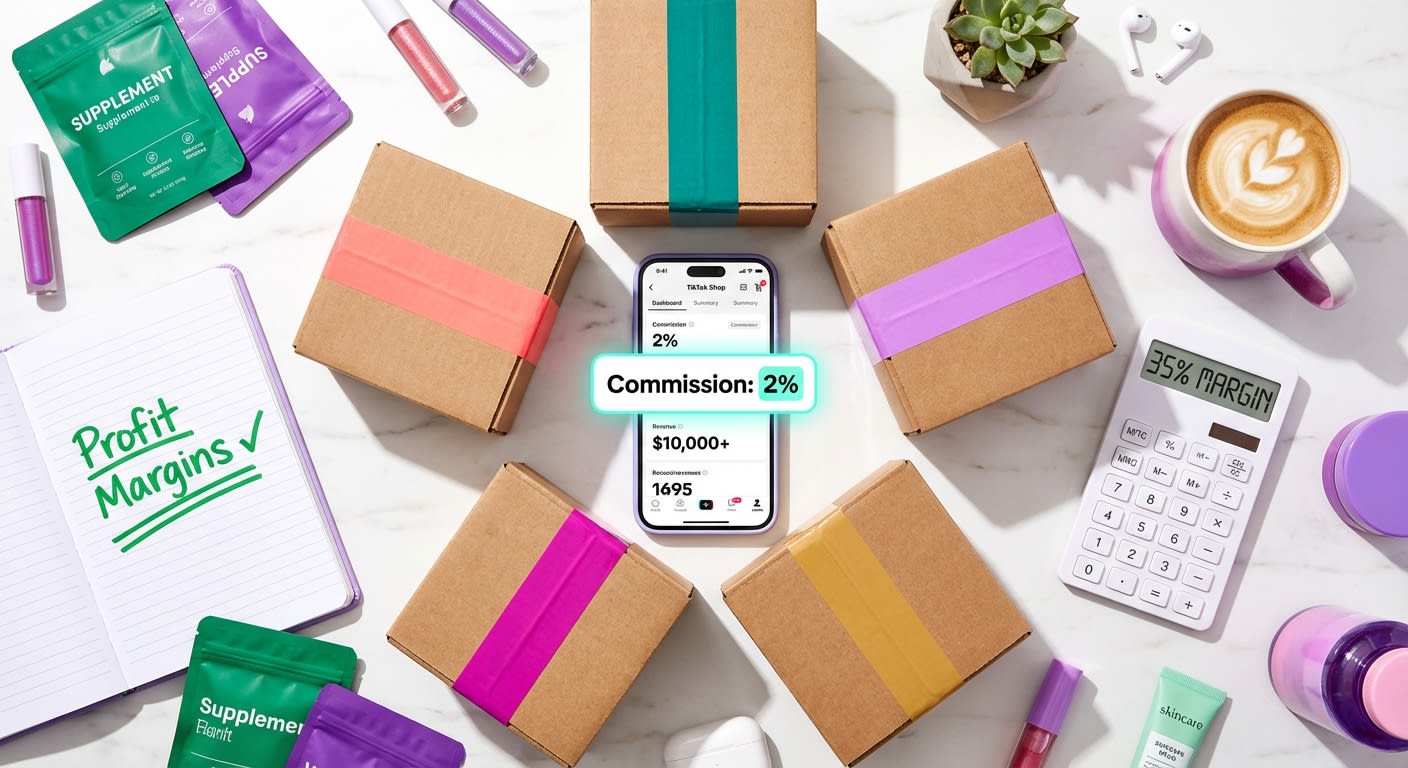 Flat lay of TikTok Shop seller dashboard showing low commission rates alongside branded products and shipping boxes