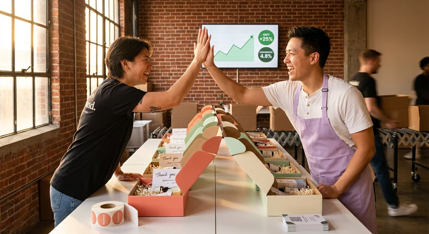 TikTok Shop fulfillment team high-fiving in organized warehouse with daily order count display showing 1247 orders