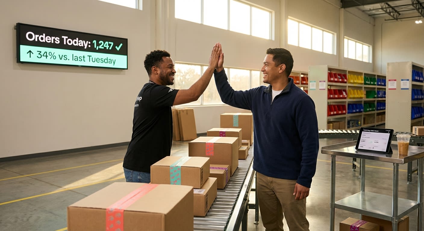 TikTok Shop fulfillment team high-fiving in organized warehouse with daily order count display showing 1247 orders