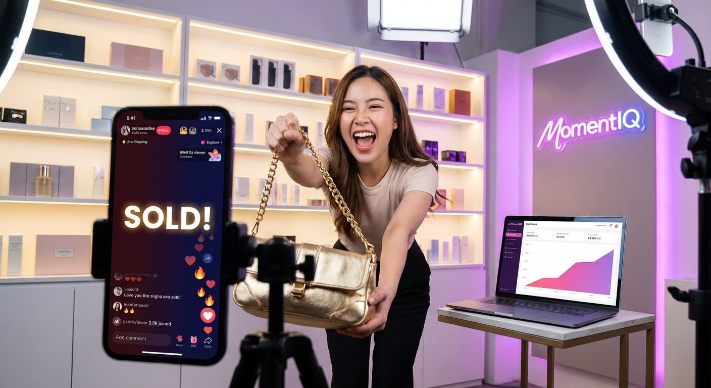 TikTok Shop live shopping host excitedly presenting product with SOLD overlay and heart emojis flooding chat