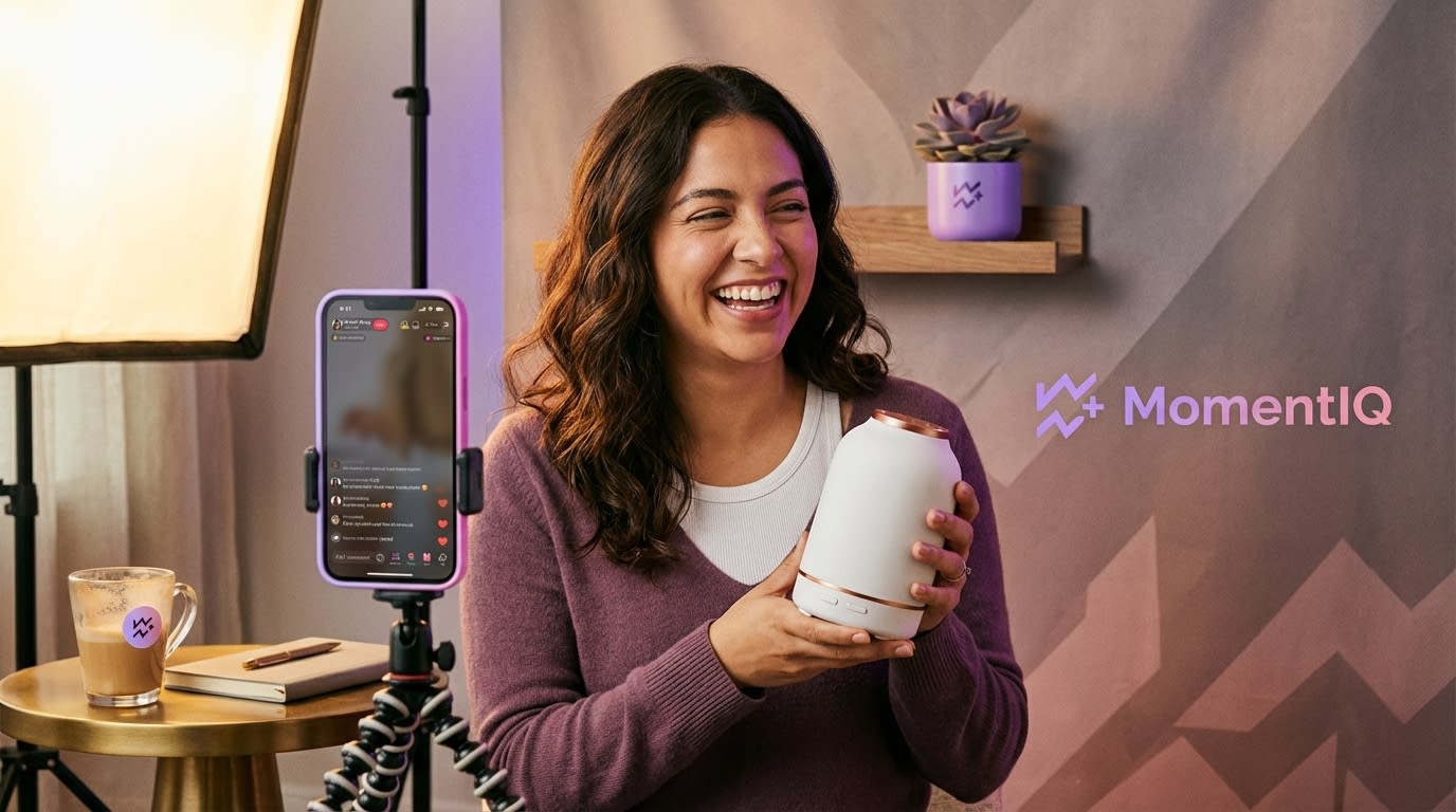 Enthusiastic TikTok Shop creator filming a product demonstration in her studio setup
