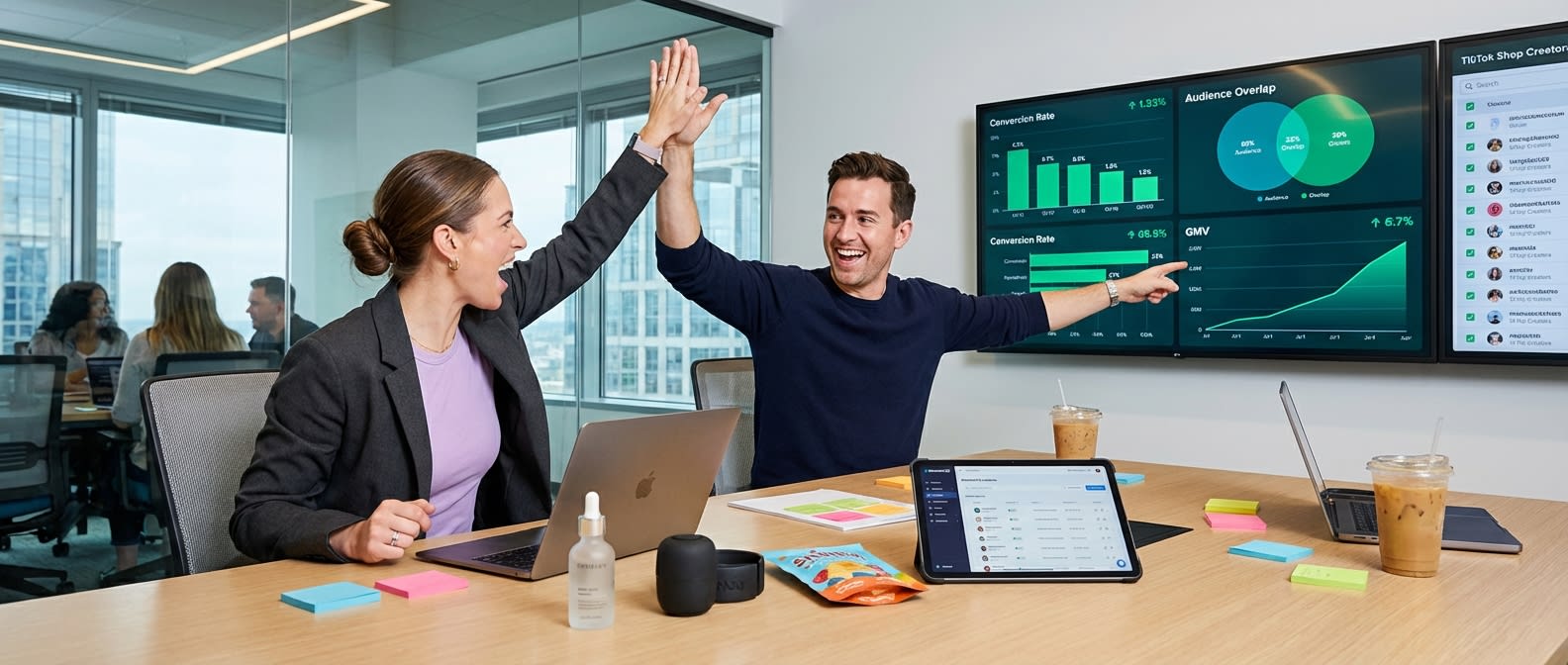 Brand team celebrating successful TikTok Shop creator matching with analytics dashboard showing high conversion rates
