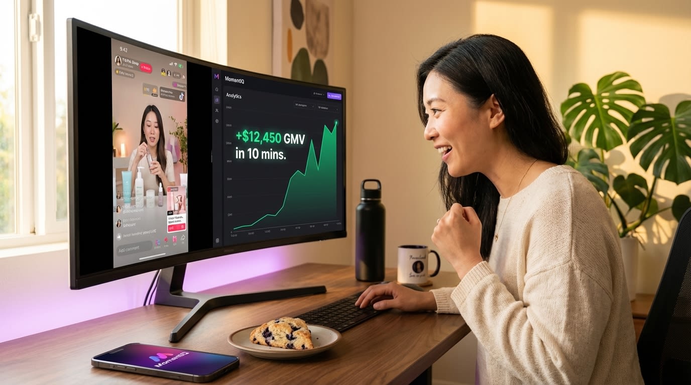 E-commerce manager celebrating a massive sales spike during a TikTok Shop live stream on a dashboard.