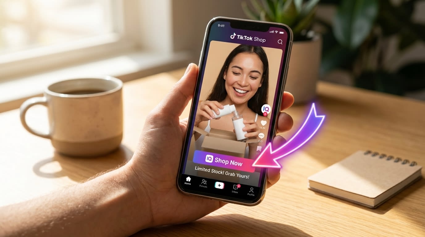 TikTok Shop video on a phone with an unboxing, glowing arrow, and urgent 'Limited Stock!' CTA.