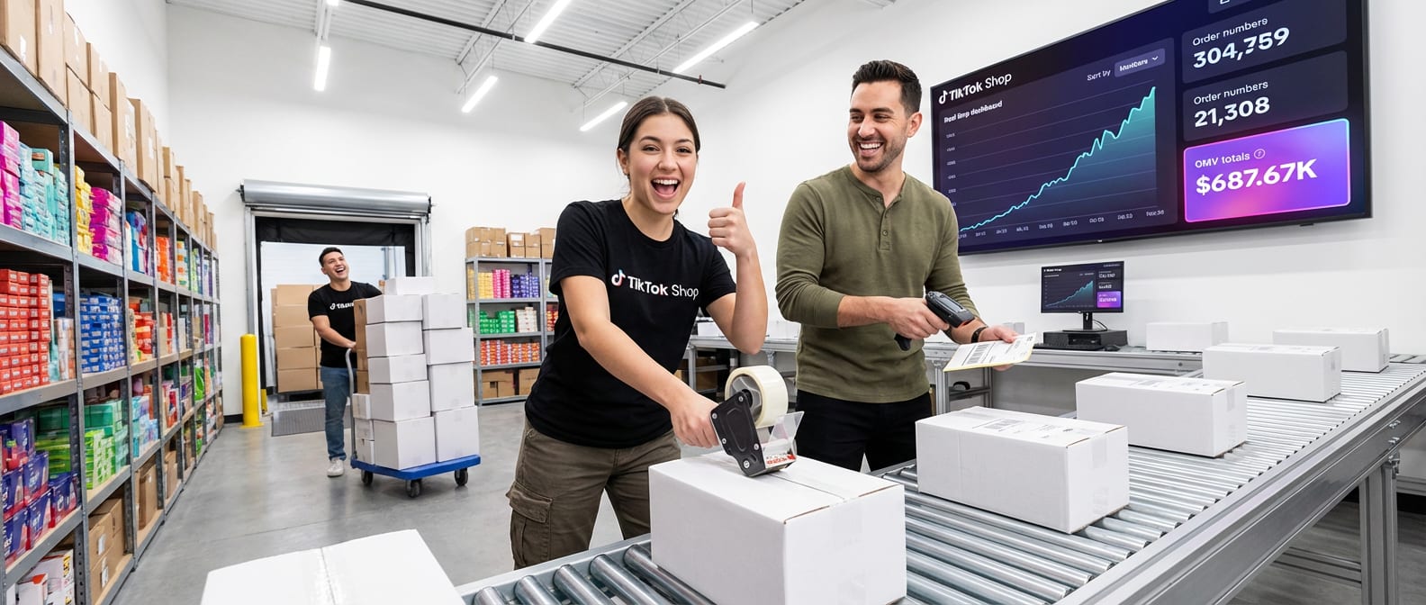 Energetic team packing TikTok Shop orders in a bright warehouse with a real-time sales dashboard on the wall