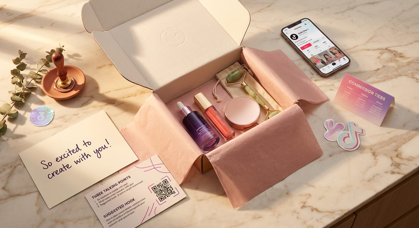 Flat lay of a curated TikTok Shop product seeding package with branded packaging, creator brief, and affiliate profile on a phone