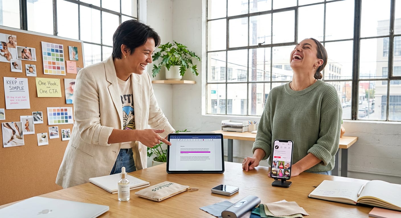 Marketing team collaborating on a streamlined TikTok Shop creator brief with product samples and mood board