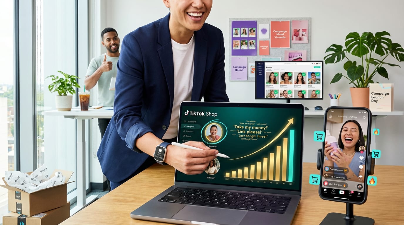 TikTok Shop creator analytics dashboard showing high engagement and purchase intent signals on a laptop screen