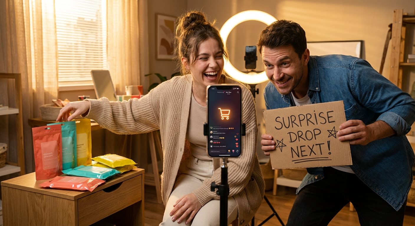 Behind-the-scenes TikTok Shop live stream team preparing a surprise product drop with enthusiasm