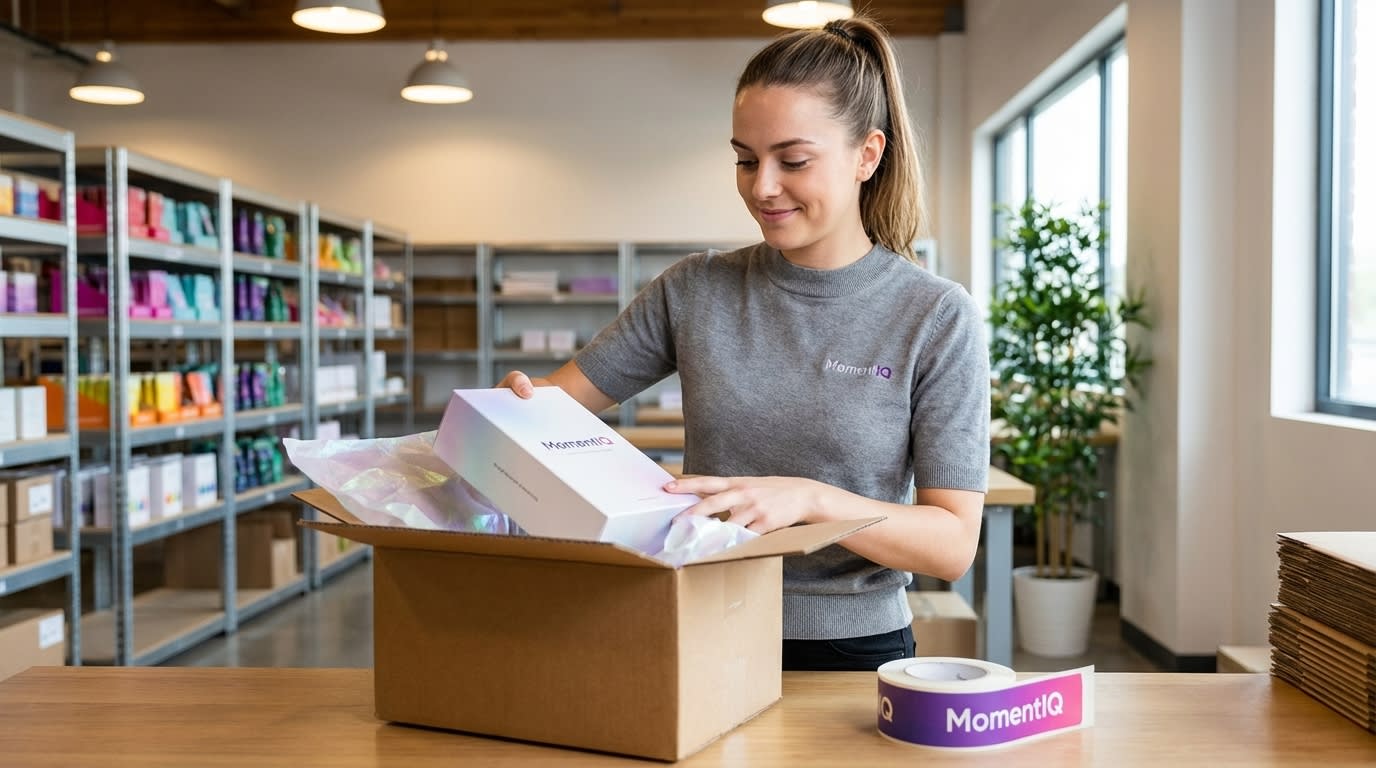 Cheerful worker efficiently packing a TikTok Shop order in a brightly lit, organized warehouse.