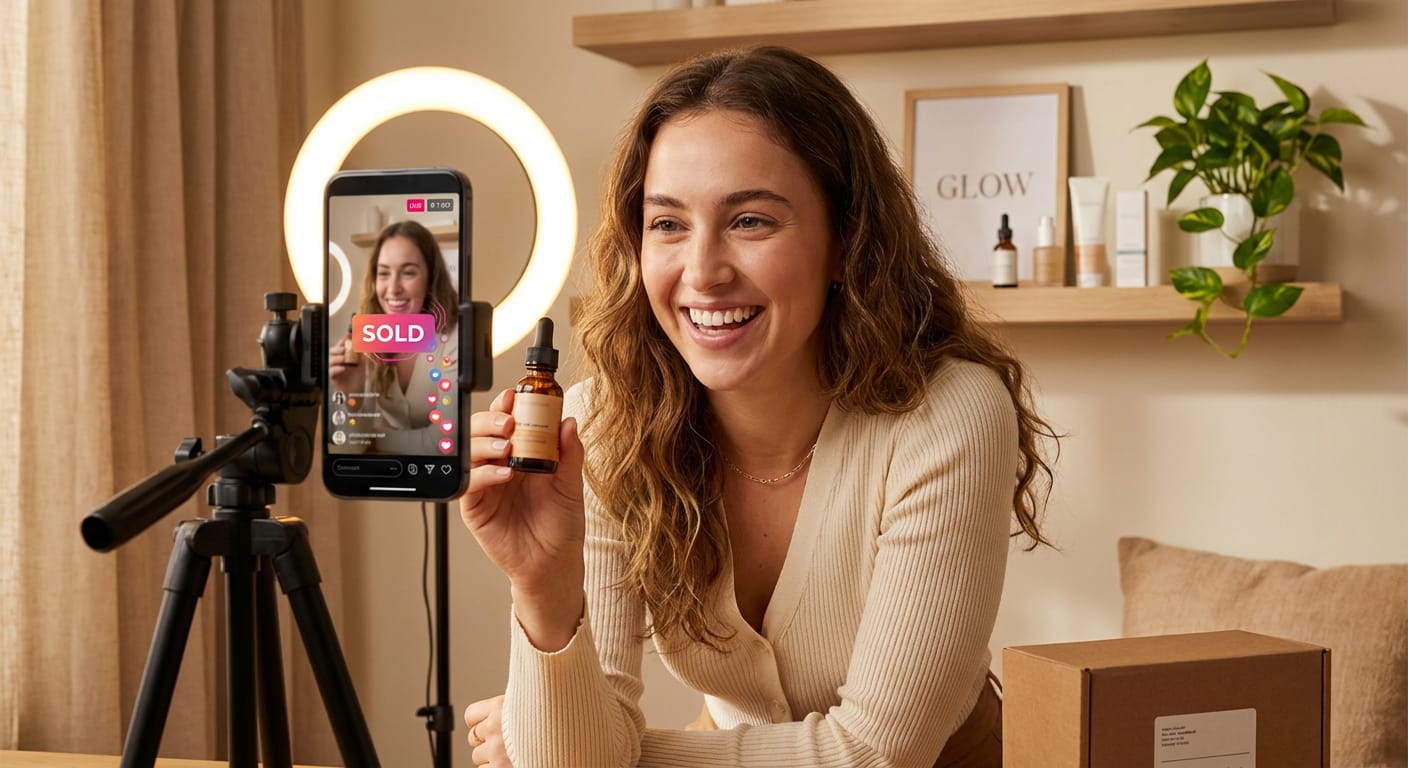 TikTok Shop creator confidently presenting a product during a live stream with sold notifications and heart emojis on screen
