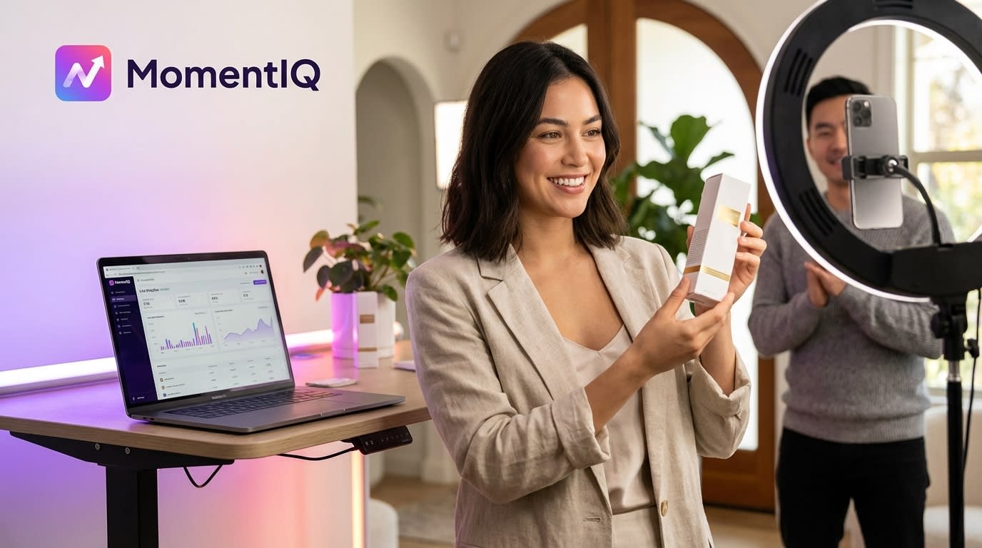 Confident TikTok Shop host executing a smooth mid-stream product reveal to re-engage viewers.