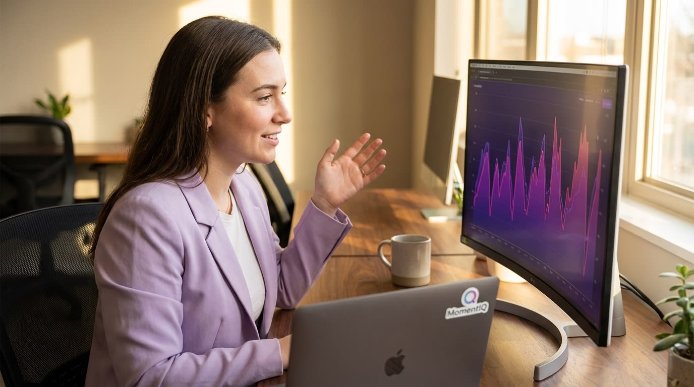 Data analyst confidently examining TikTok Shop engagement velocity graphs on a monitor.