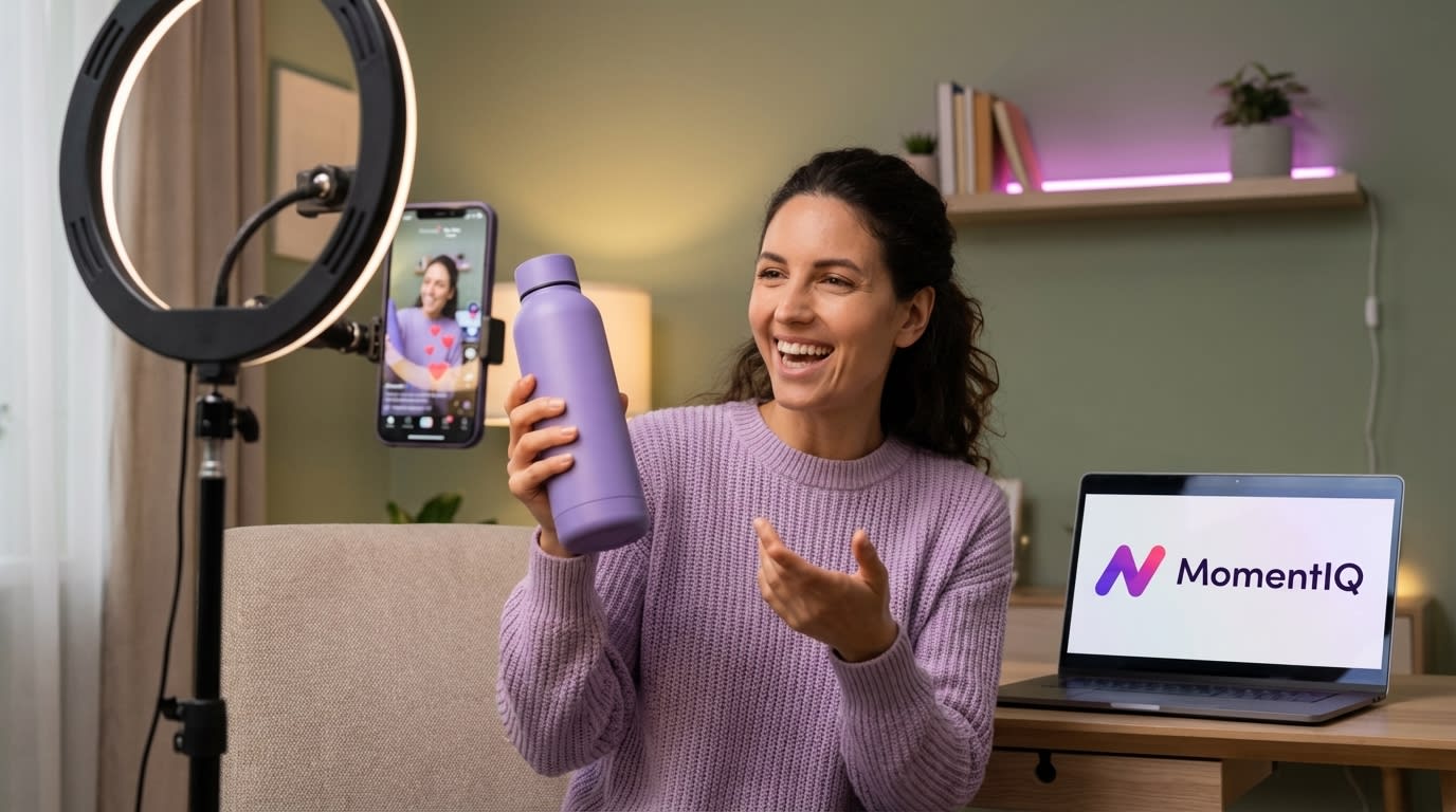 Dynamic content creator filming an enthusiastic TikTok Shop product demo in a well-lit home studio.