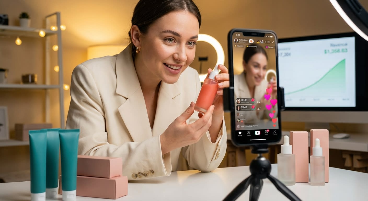 Energetic TikTok Shop live stream host celebrating sales with heart emoji notifications and rising dashboard metrics