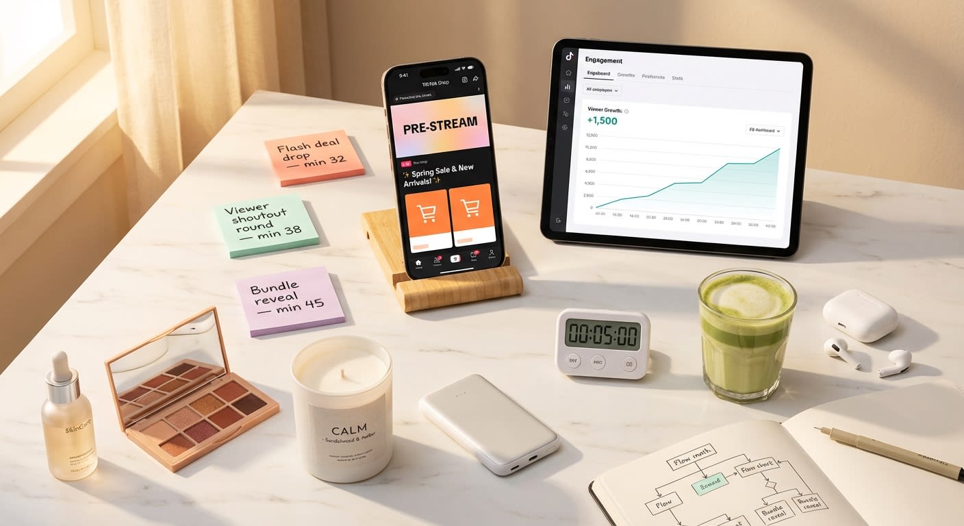 Flat lay of TikTok Shop live stream planning setup with phone interface analytics and organized product lineup