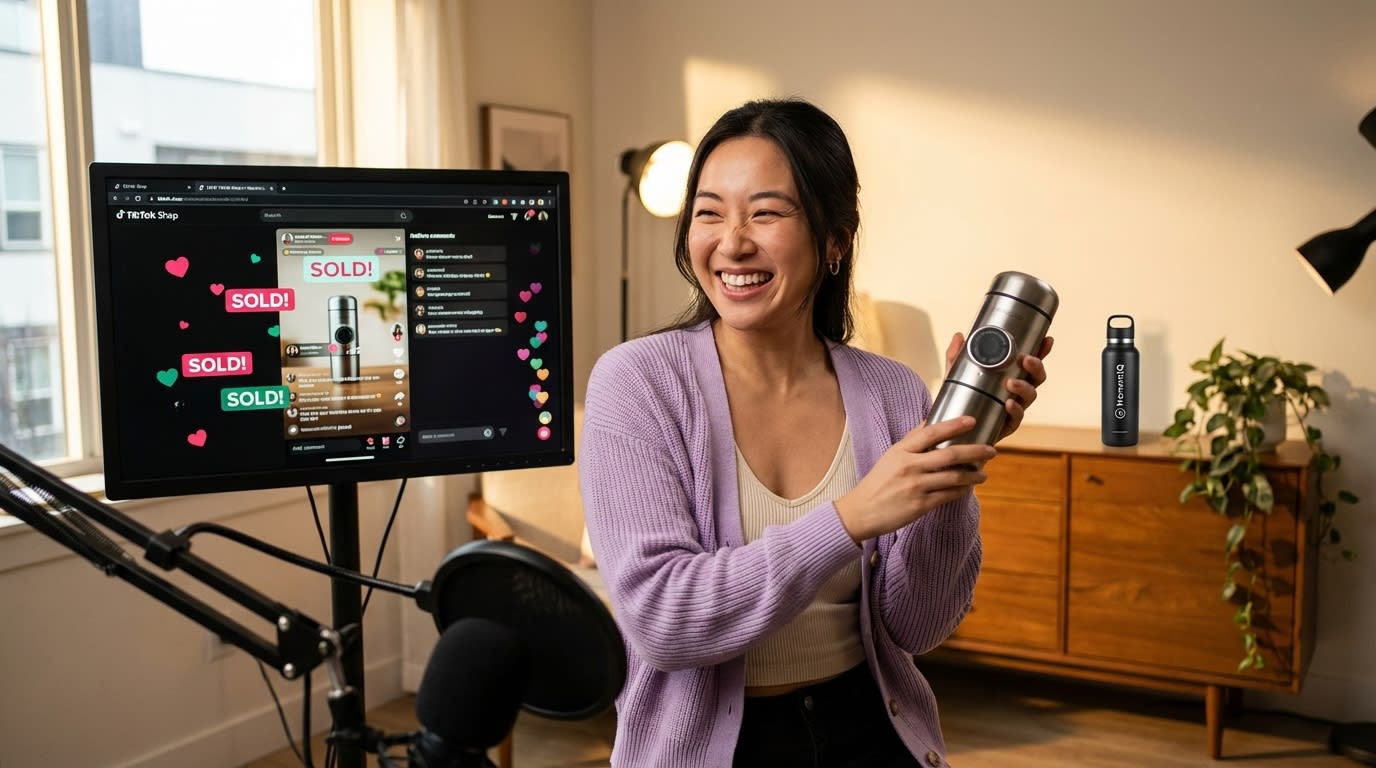 High-energy TikTok Shop live host celebrating explosive sales with 'SOLD!' overlays and heart emojis.