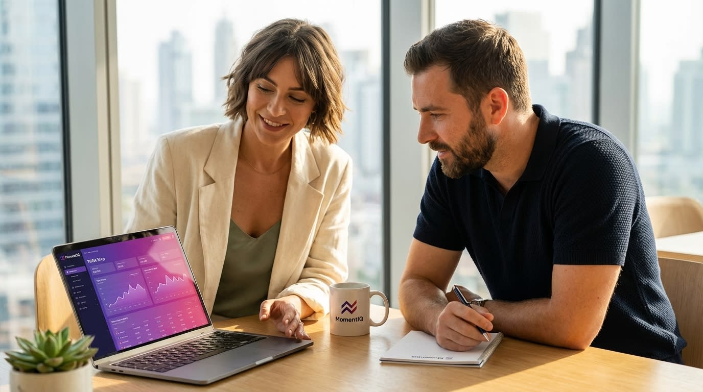 MomentIQ strategist and brand owner confidently reviewing a TikTok Shop live commerce audit report.