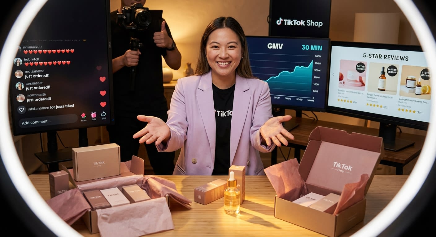 Professional TikTok Shop live commerce studio with host presenting products and screens showing rising GMV sales data