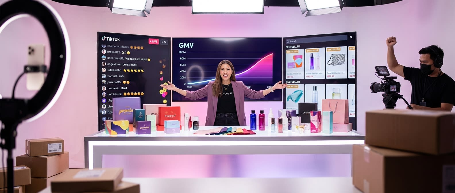 Professional TikTok Shop live commerce studio with host presenting products and screens showing rising GMV sales data