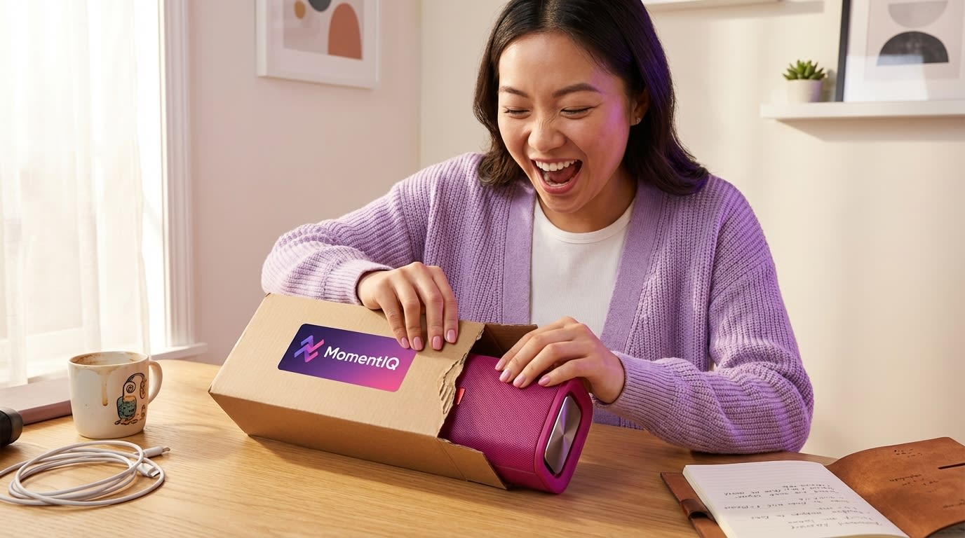 TikTok creator excitedly unboxing a branded product seeding package for a TikTok Shop review.