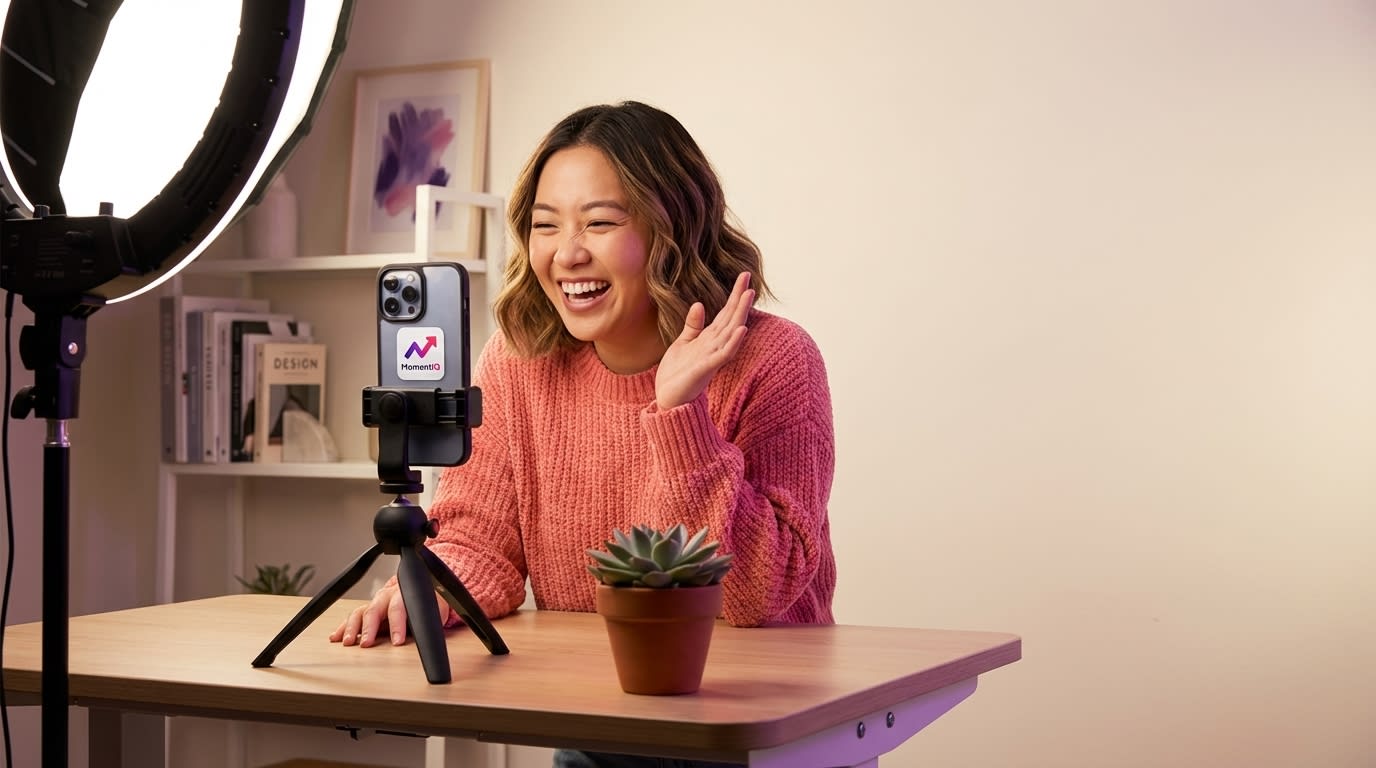 TikTok Shop creator energetically engaging with live stream comments and heart emojis in her home studio.