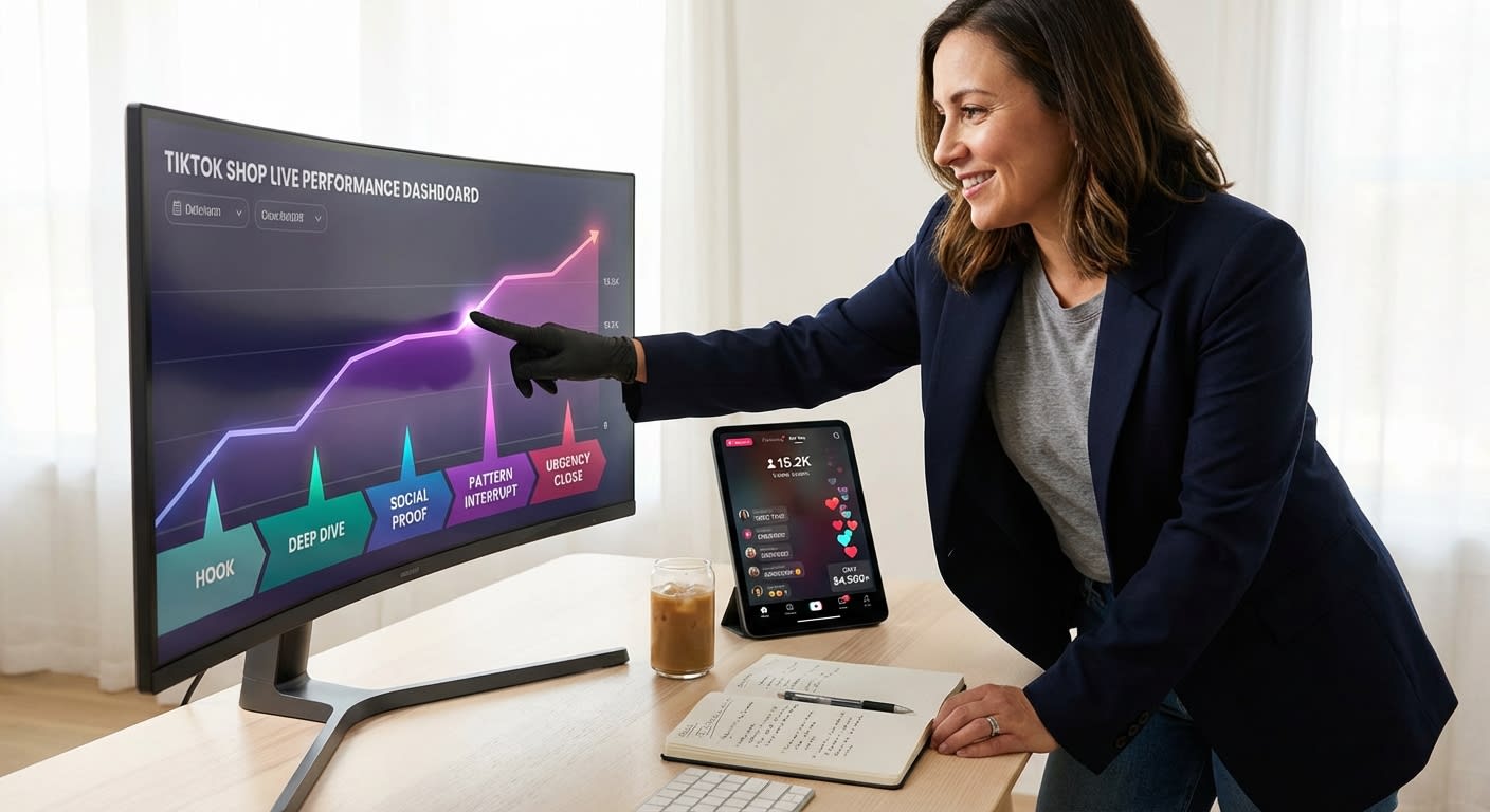 TikTok Shop live stream analytics dashboard showing engagement spikes during structured segment rotation framework
