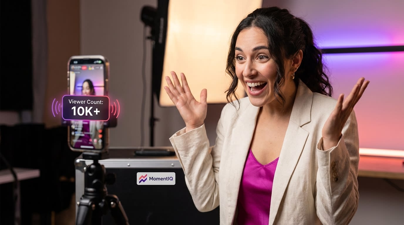 TikTok Shop live stream host joyfully celebrating a massive viewer count and broad distribution.