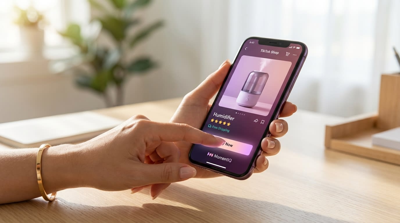 Hand tapping 'Buy Now' on a TikTok Shop product listing with glowing reviews, showcasing frictionless checkout.