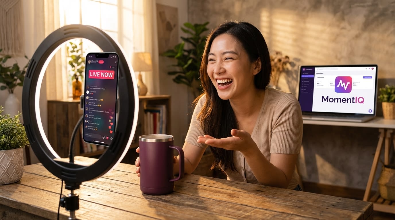 Energetic creator on a live TikTok Shop stream, showing a product with 'SOLD!' messages and heart emojis in chat.